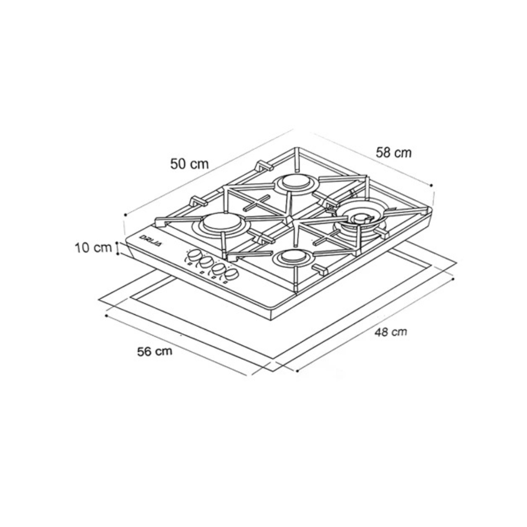 Estufa a Gas de Acero Inoxidable de 58cm con 4 Quemadores DRIJA