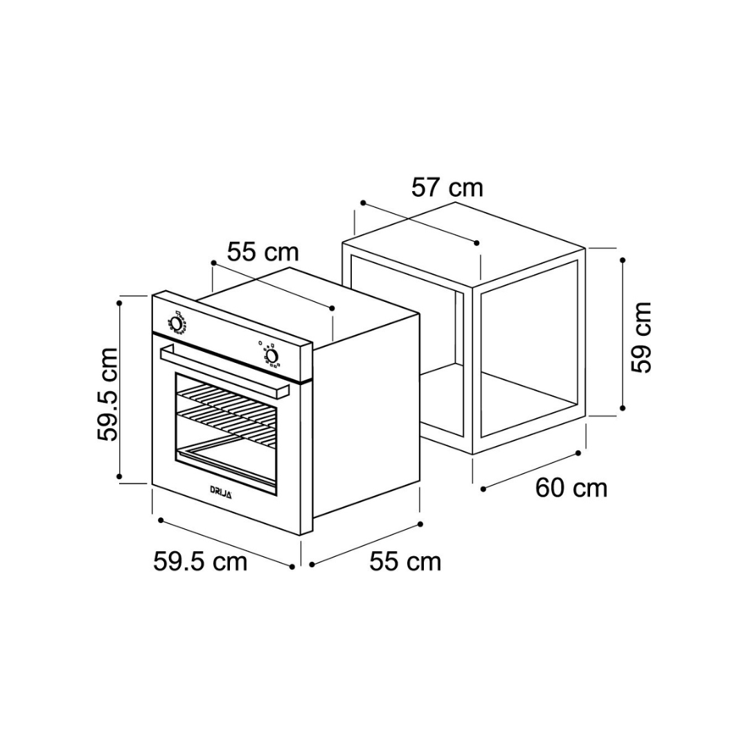 Horno a Gas Empotrable DRIJA de 59.5 cm, Capacidad de 72 Litros, Negro – Estilo y Rendimiento en tu Cocina