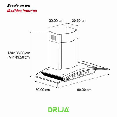 EXTRACTOR DE GRASA 90CM ACERO VIDRIO CURVO CON DUCTO DRIJA DRIJA