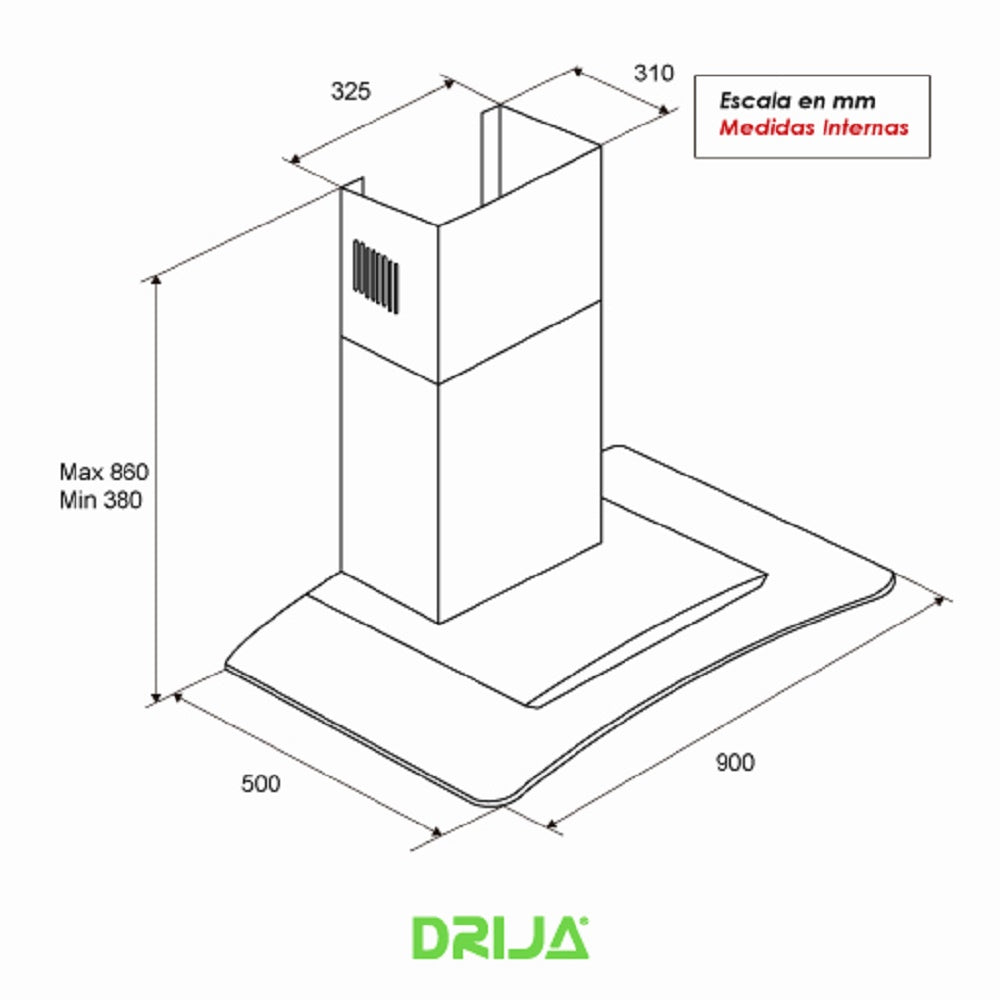 Campana Empotrable Tipo Chimenea Con Flujo De Aire De 500 m3/hr Marca Drija DRIJA